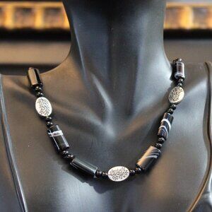 Beaded Stone Banded Agate Sardonyx Glass Necklace